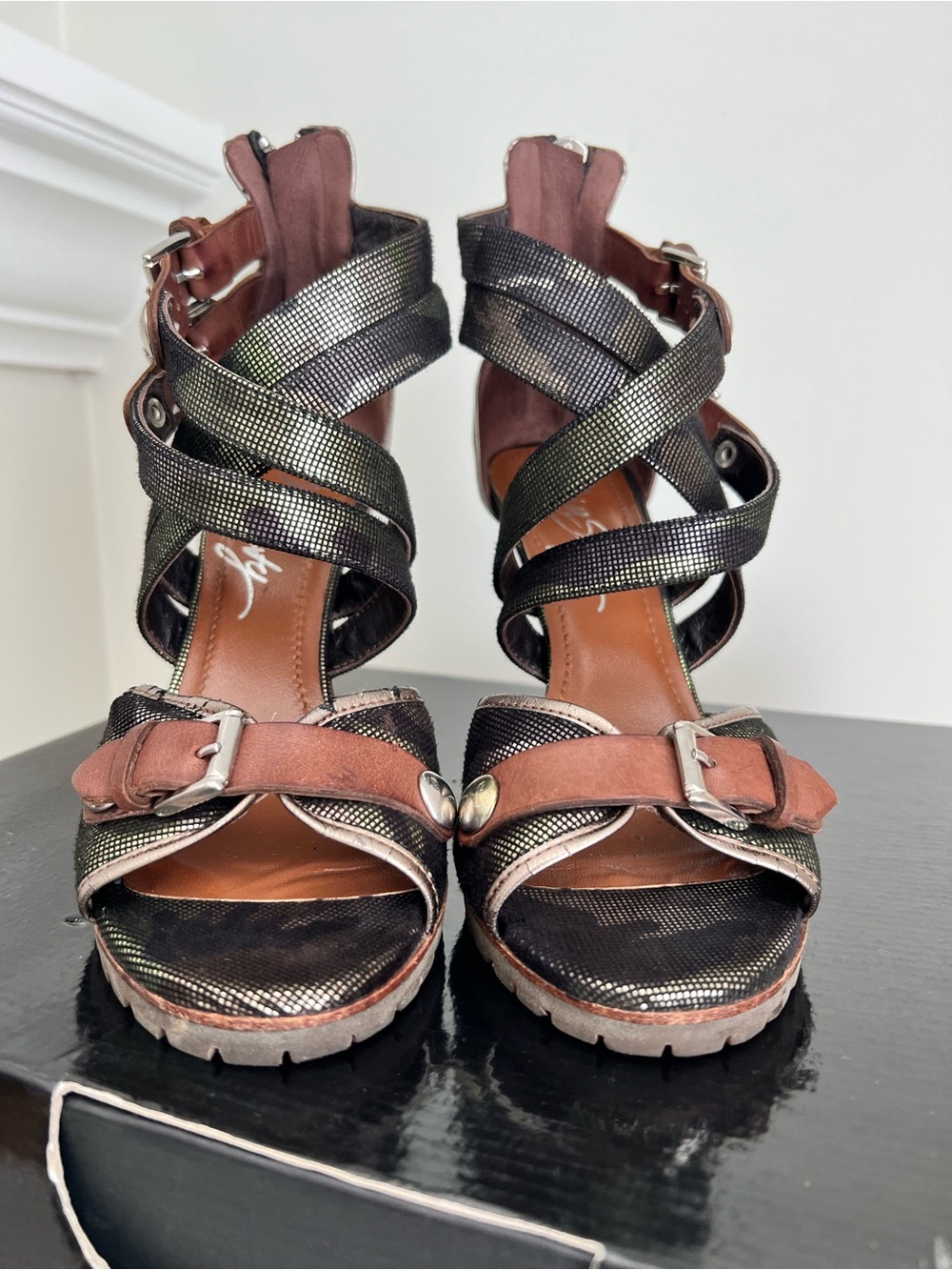Miss Sixty Iridescent Black Strappy High Heel Sandals with Brown Accents - Picture 4 of 16